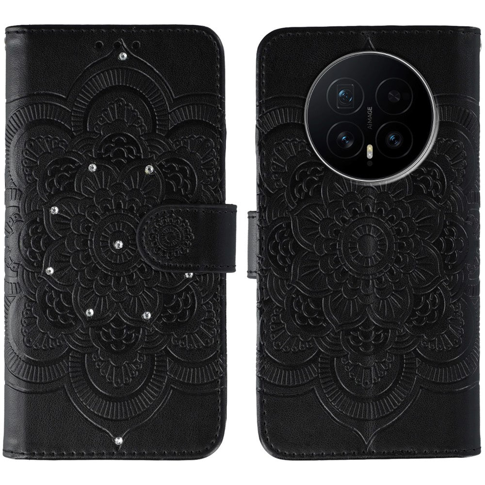 For Honor Magic8 5G Case Rhinestone Decor PU Leather Mandala Imprint Phone Cover with Wrist Strap