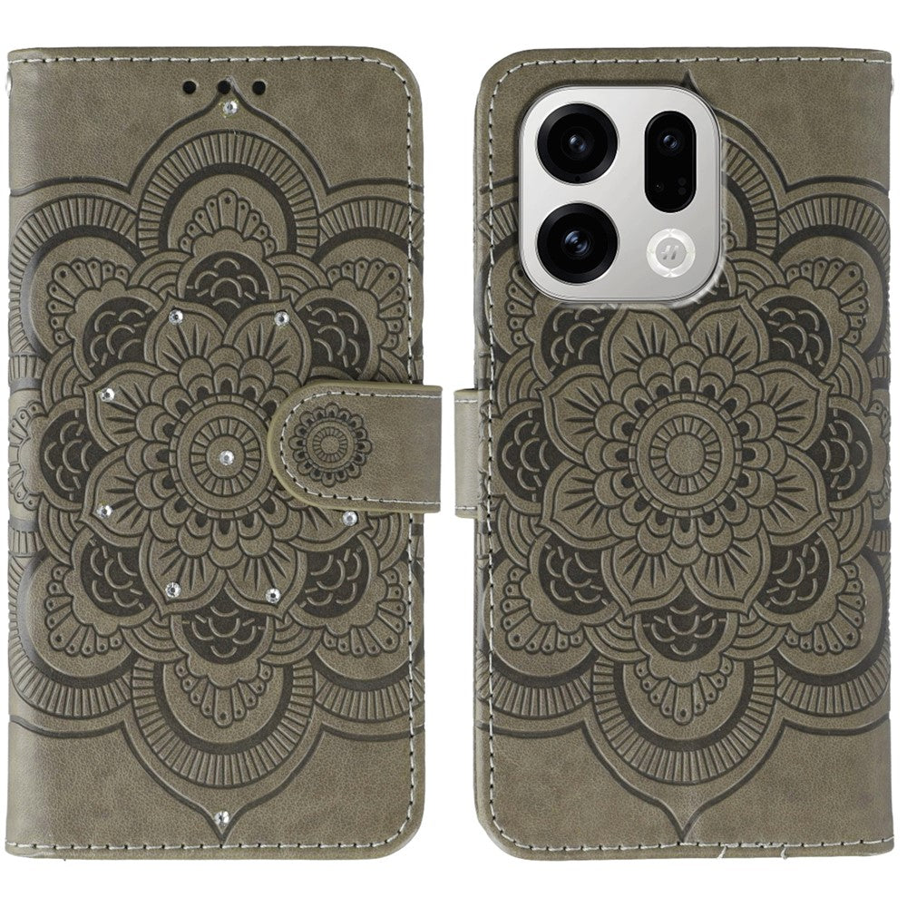 For Oppo Find X9 5G Case Rhinestone Decor PU Leather Mandala Imprint Phone Cover with Wrist Strap