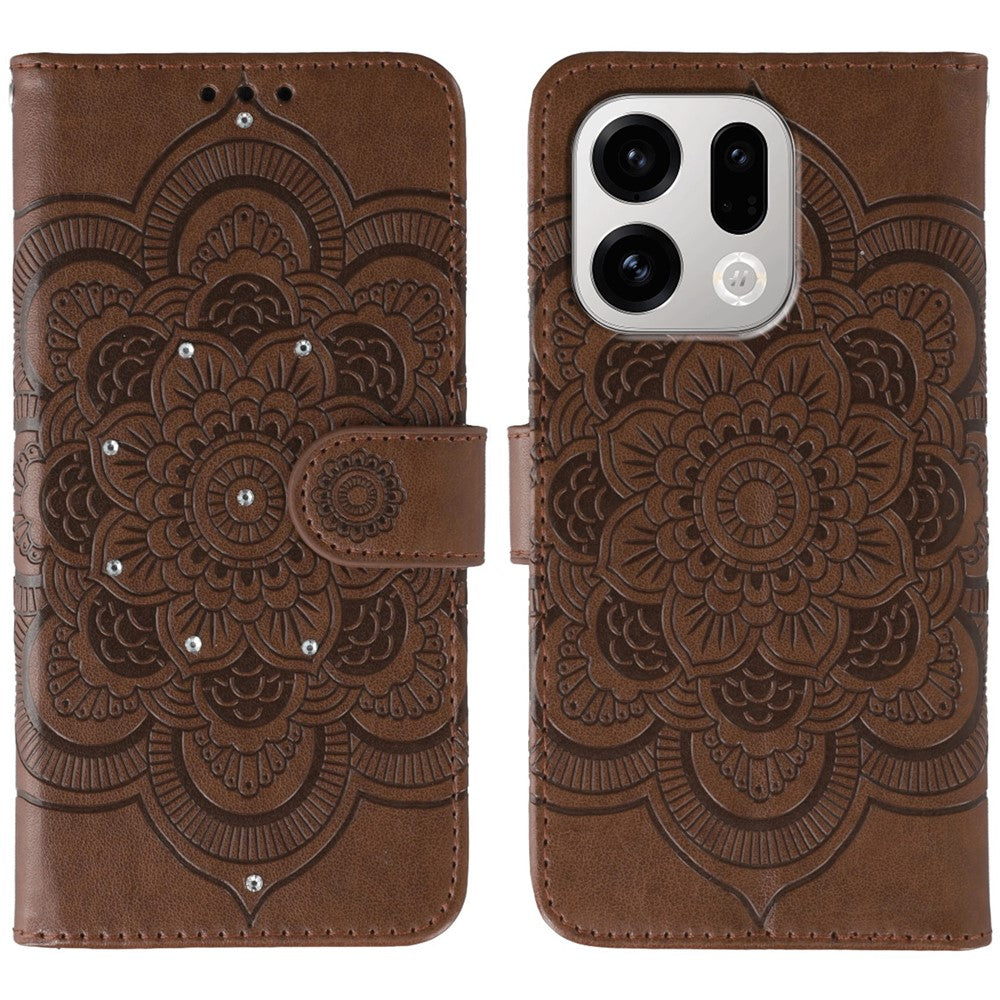 For Oppo Find X9 5G Case Rhinestone Decor PU Leather Mandala Imprint Phone Cover with Wrist Strap