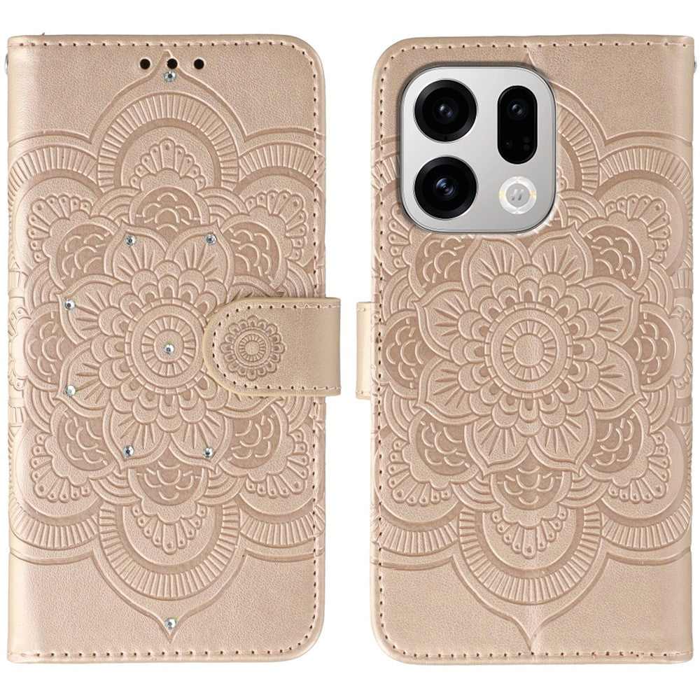For Oppo Find X9 5G Case Rhinestone Decor PU Leather Mandala Imprint Phone Cover with Wrist Strap