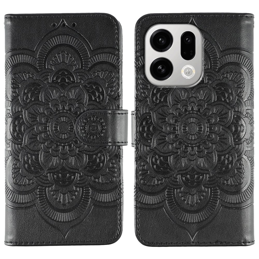 For Oppo Find X9 5G Case PU Leather Mandala Imprinted Design Wallet Phone Cover with Wrist Strap