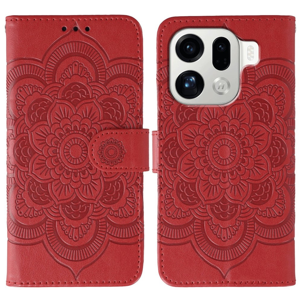 For Oppo Find X9 Pro 5G Case PU Leather Mandala Imprinted Design Wallet Phone Cover with Wrist Strap