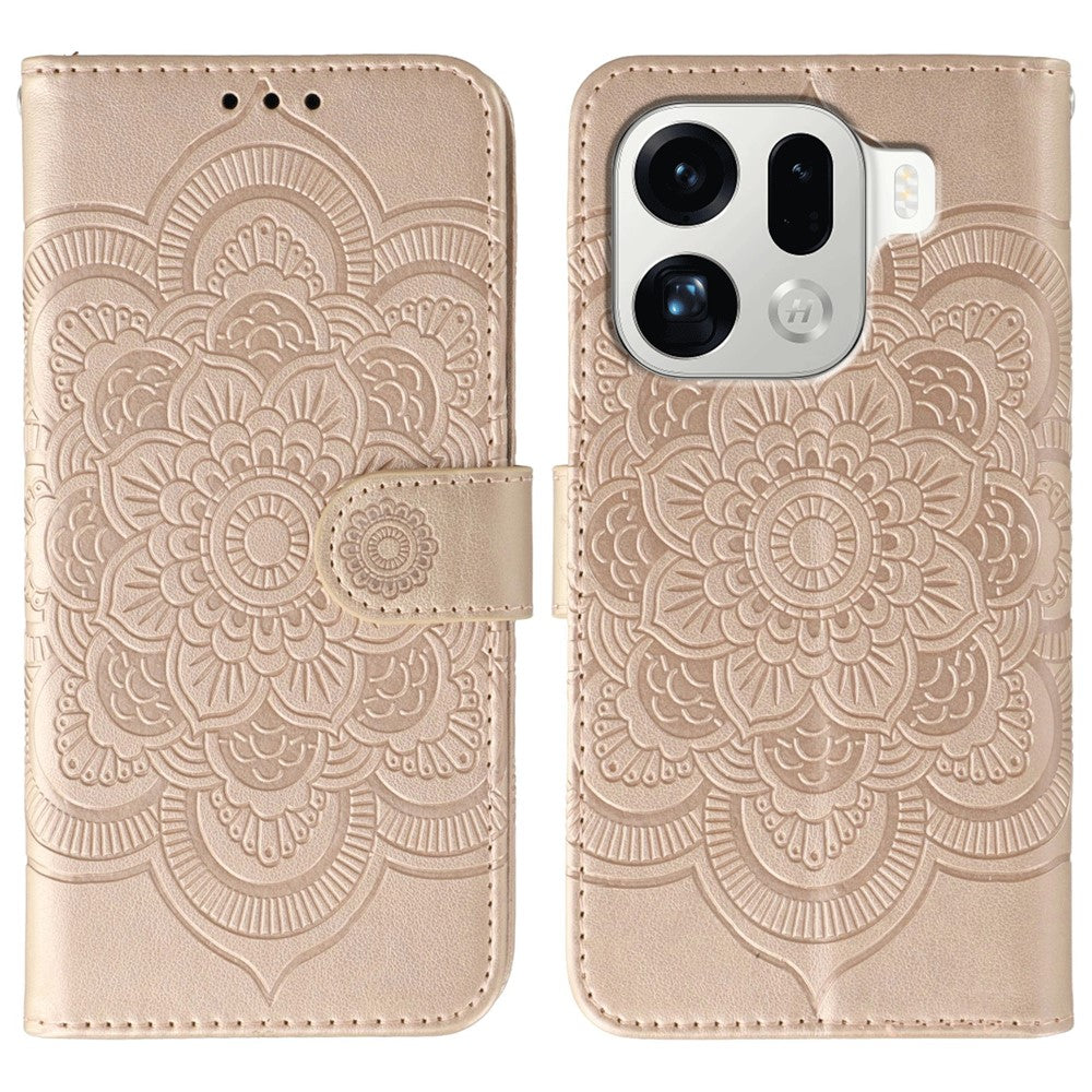 For Oppo Find X9 Pro 5G Case PU Leather Mandala Imprinted Design Wallet Phone Cover with Wrist Strap