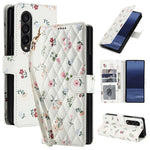 For Samsung Galaxy Z Fold4 5G Wallet Case Rhombic Floral Design Leather Flip Phone Cover with Strap