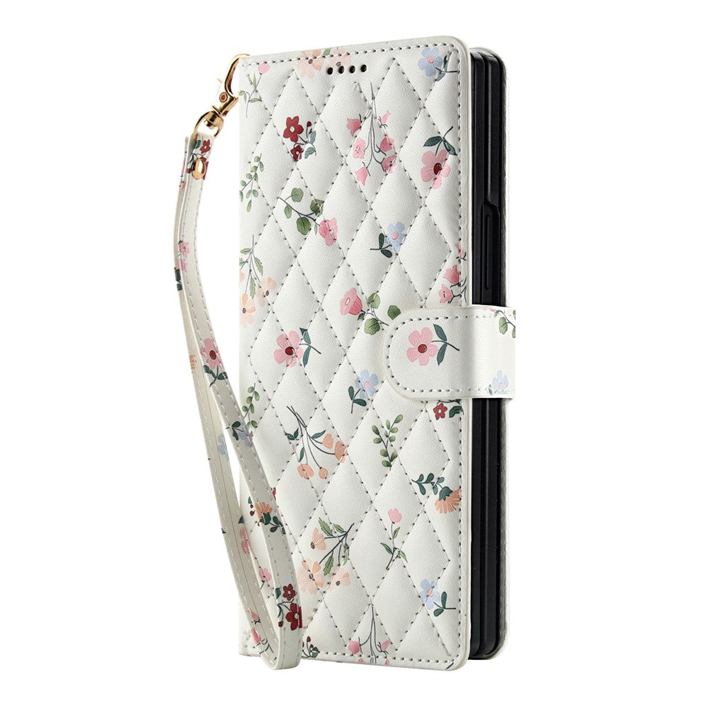 For Samsung Galaxy Z Fold4 5G Wallet Case Rhombic Floral Design Leather Flip Phone Cover with Strap