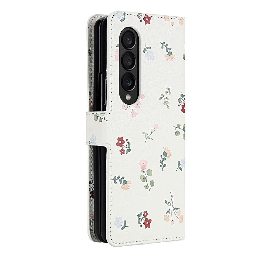 For Samsung Galaxy Z Fold4 5G Wallet Case Rhombic Floral Design Leather Flip Phone Cover with Strap