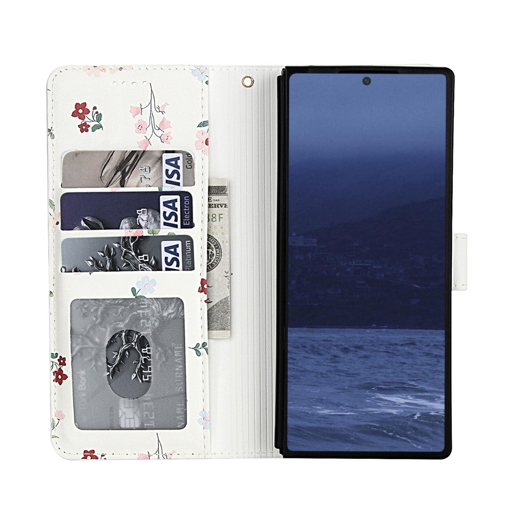 For Samsung Galaxy Z Fold4 5G Wallet Case Rhombic Floral Design Leather Flip Phone Cover with Strap