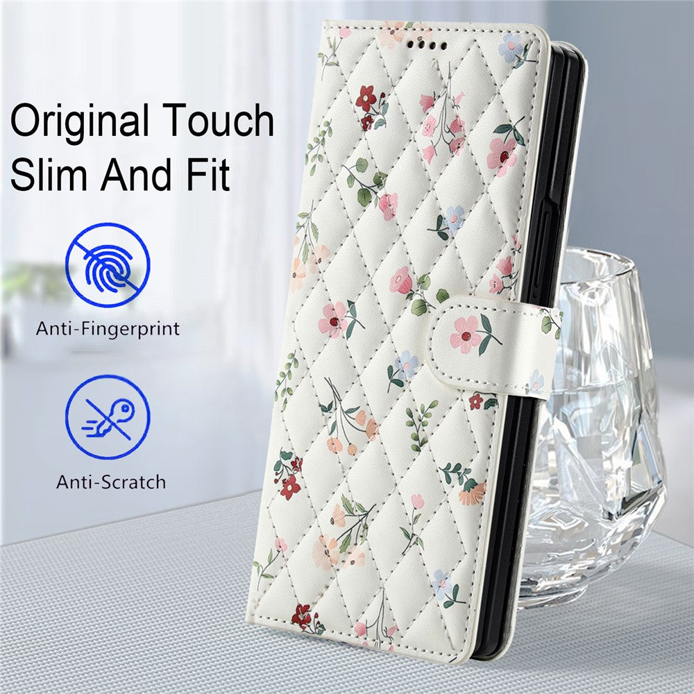 For Samsung Galaxy Z Fold4 5G Wallet Case Rhombic Floral Design Leather Flip Phone Cover with Strap