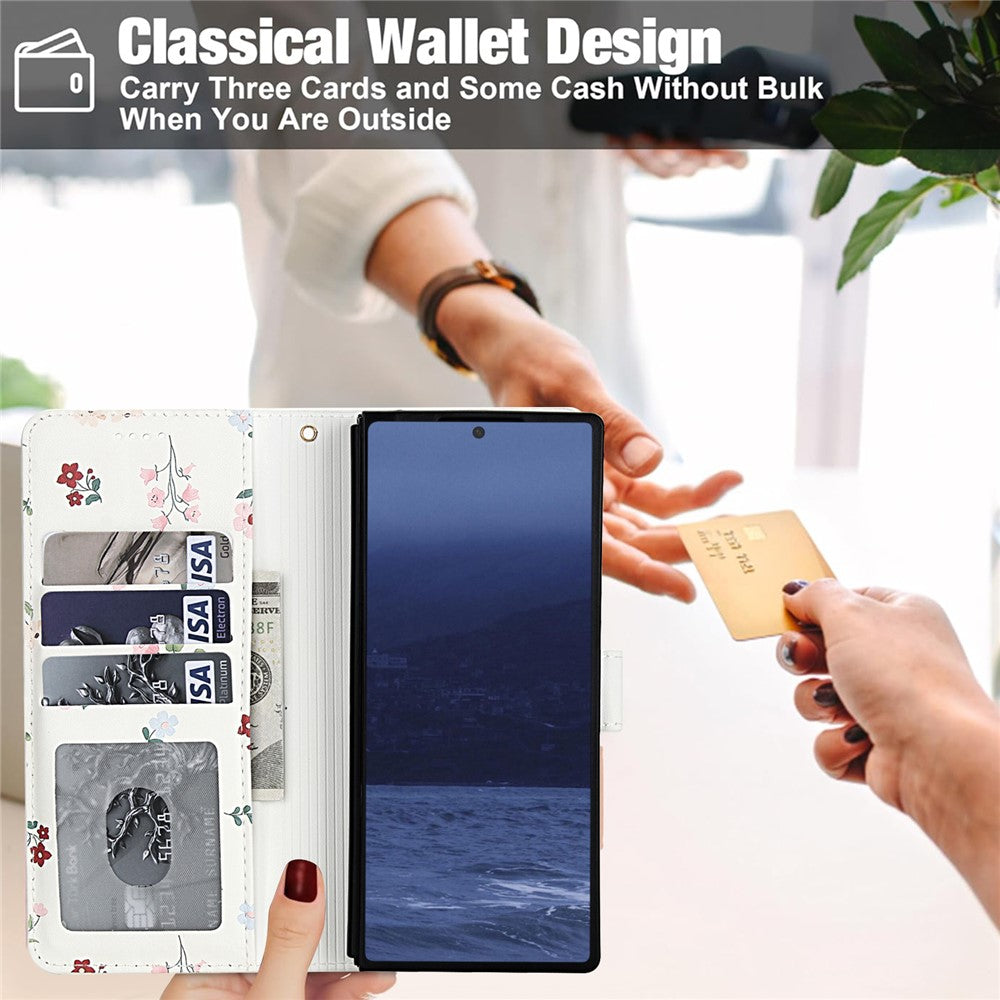For Samsung Galaxy Z Fold4 5G Wallet Case Rhombic Floral Design Leather Flip Phone Cover with Strap