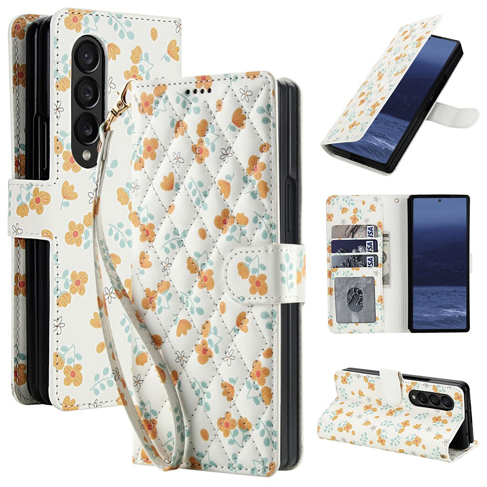 For Samsung Galaxy Z Fold4 5G Wallet Case Rhombic Floral Design Leather Flip Phone Cover with Strap