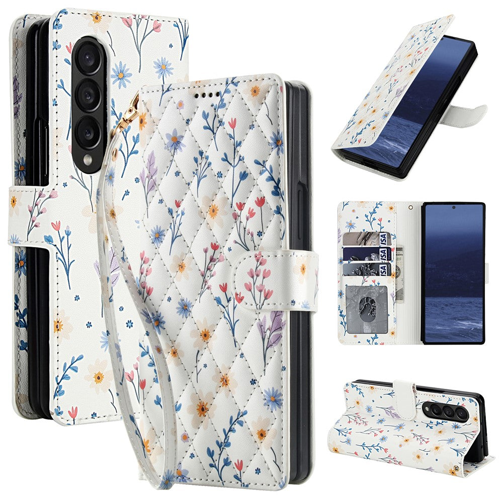 For Samsung Galaxy Z Fold4 5G Wallet Case Rhombic Floral Design Leather Flip Phone Cover with Strap