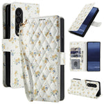 For Samsung Galaxy Z Fold4 5G Wallet Case Rhombic Floral Design Leather Flip Phone Cover with Strap