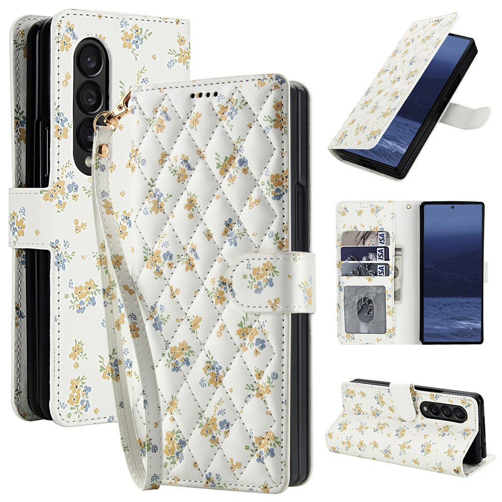 For Samsung Galaxy Z Fold4 5G Wallet Case Rhombic Floral Design Leather Flip Phone Cover with Strap