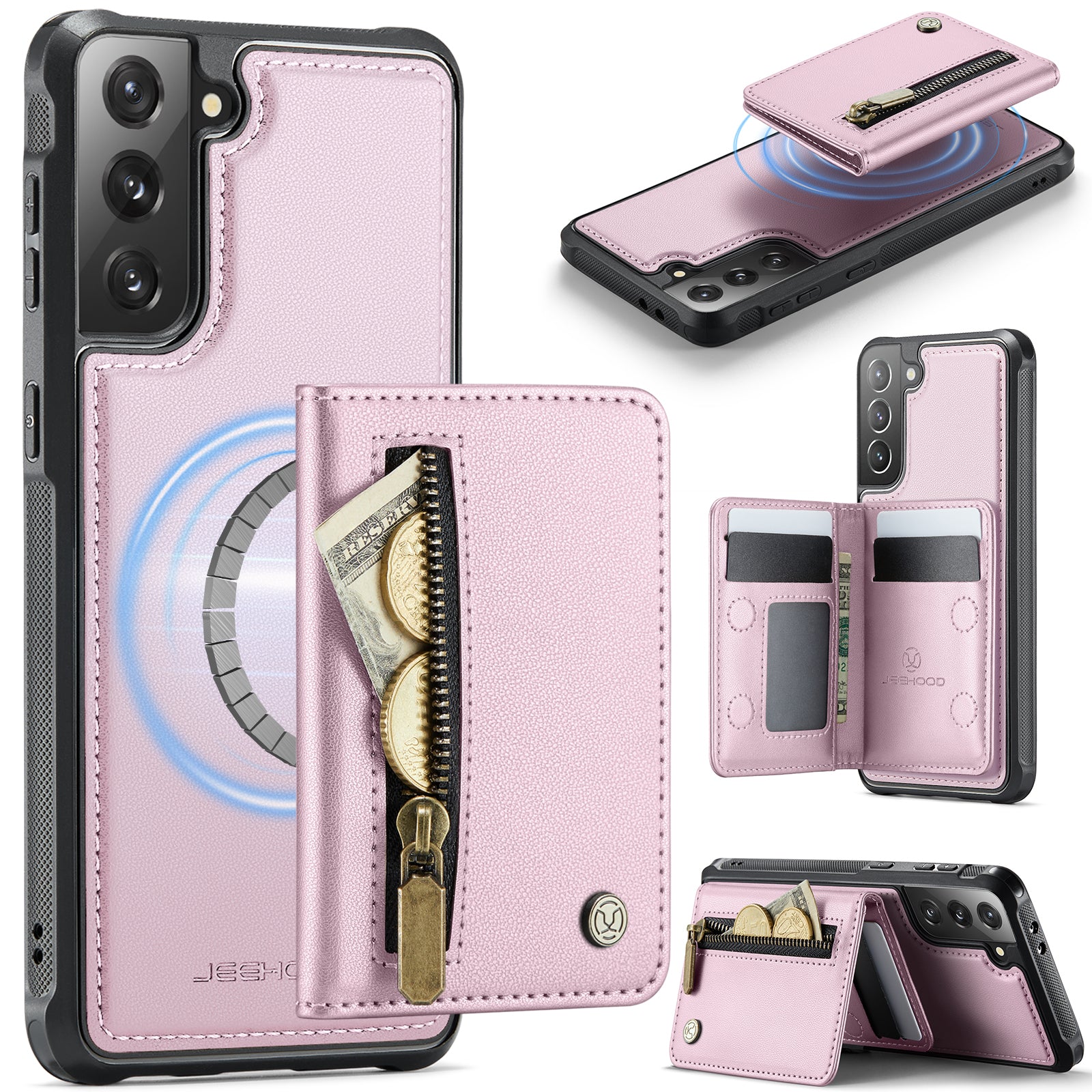 JEEHOOD For Samsung Galaxy S21+ 5G Case  J12 Magnetic Detachable Zipper Wallet Kickstand Leather Back Cover Magnetic Case