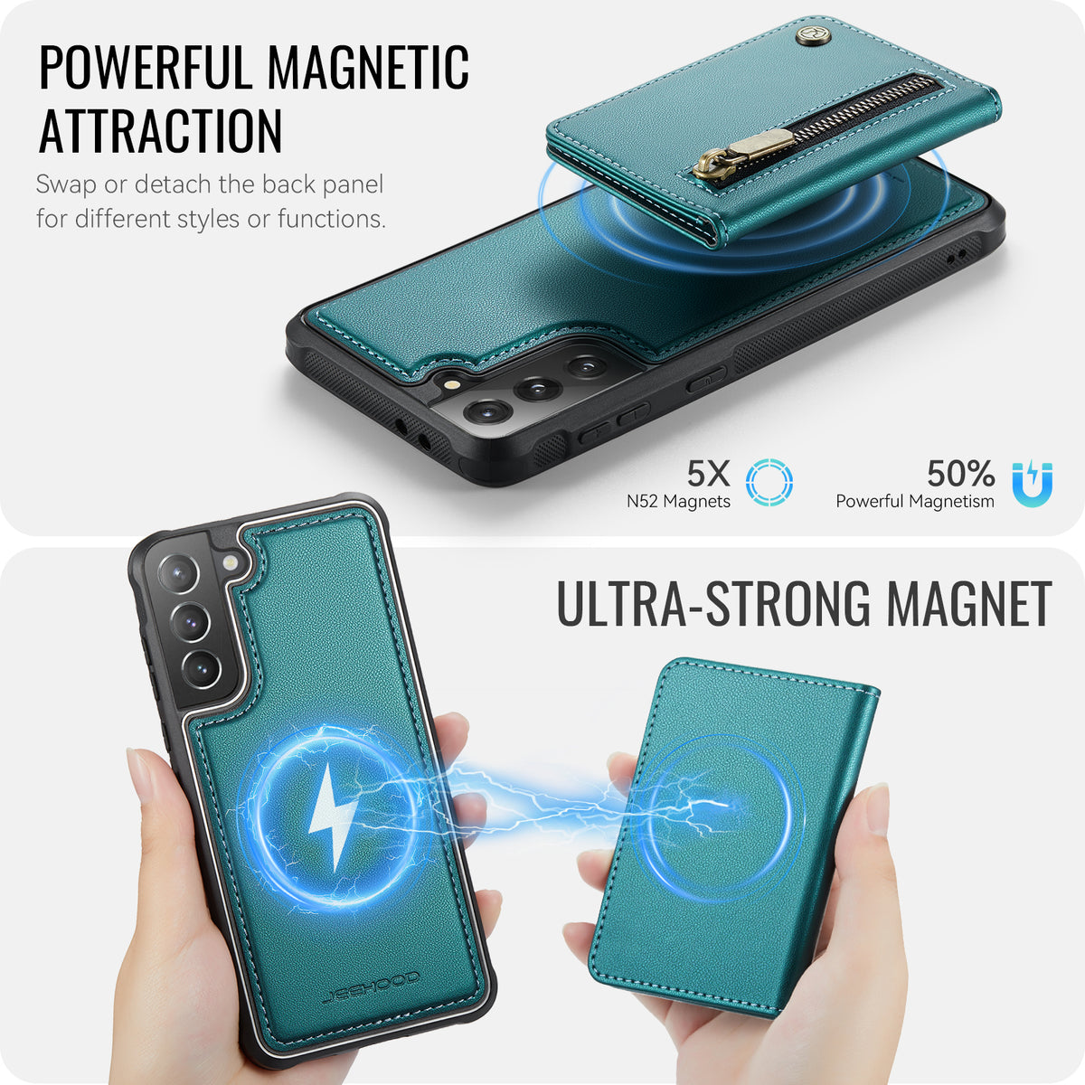 JEEHOOD För Samsung Galaxy S21 5G Skal J12 Magnetiskt Avtagbart Dragkedja Plånbok Stativ Läder Bakstycke Magnetiskt Skal