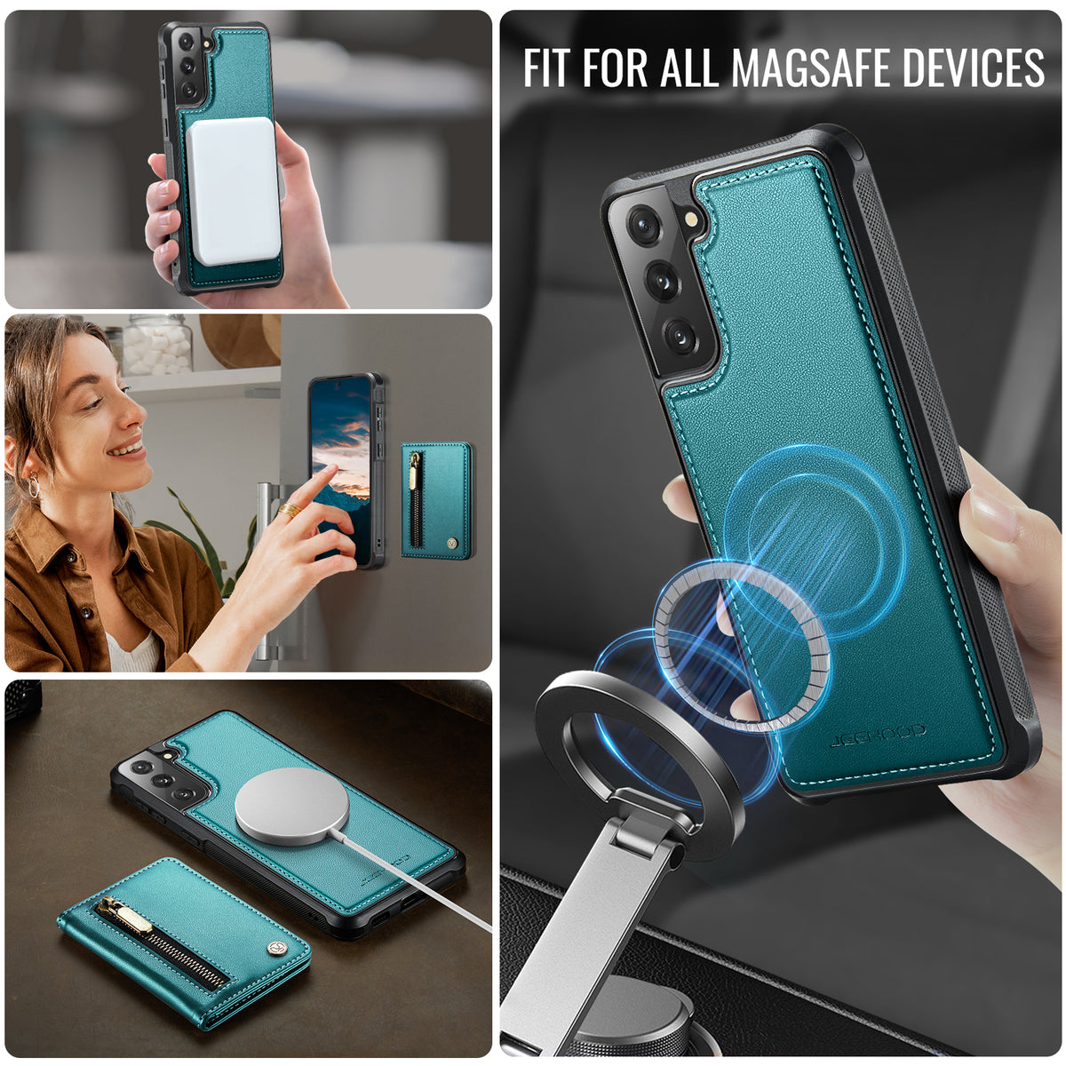 JEEHOOD För Samsung Galaxy S21 5G Skal J12 Magnetiskt Avtagbart Dragkedja Plånbok Stativ Läder Bakstycke Magnetiskt Skal