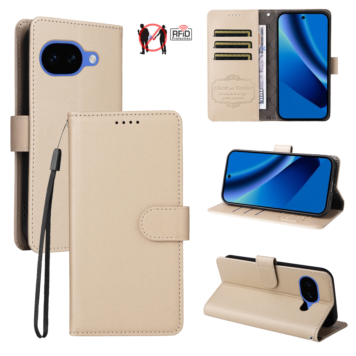 Til Google Pixel 10a Cover RFID Blokerende 3 Kortlommer PU Læder Telefoncover med Håndrem