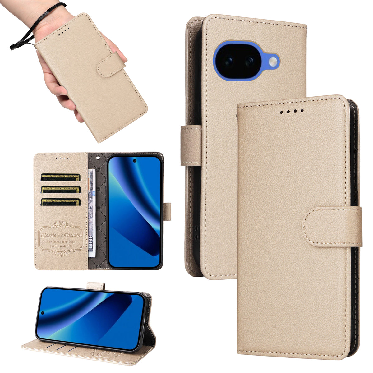 Til Google Pixel 10a Cover RFID Blokerende 3 Kortlommer PU Læder Telefoncover med Håndrem