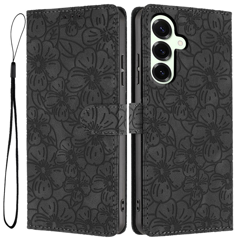 For Samsung Galaxy S26+ Flip Case Cherry Blossom Pattern Leather Wallet Stand Phone Cover with Wrist Strap