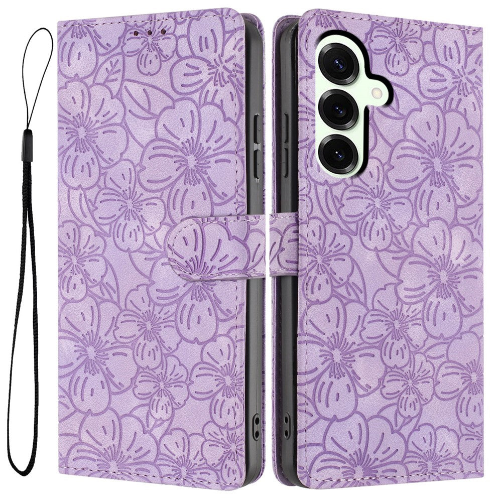 For Samsung Galaxy S26+ Flip Case Cherry Blossom Pattern Leather Wallet Stand Phone Cover with Wrist Strap