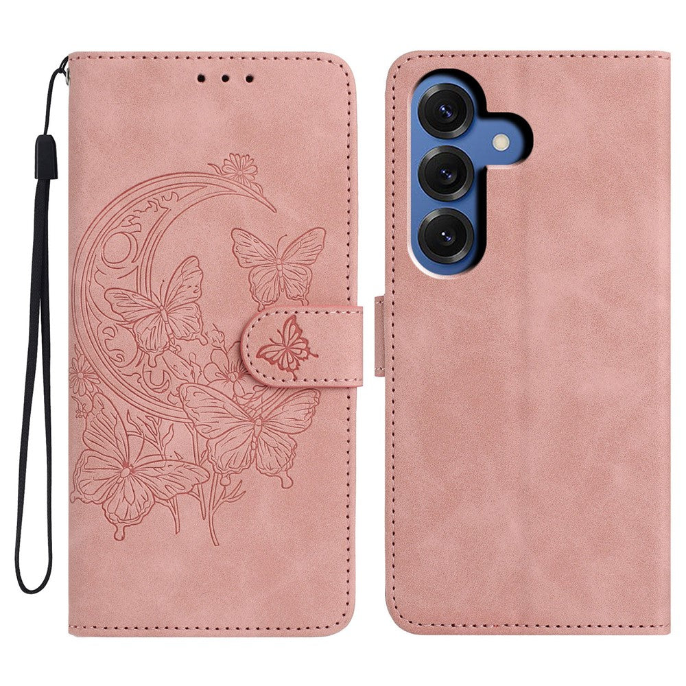 Samsung Galaxy S26+-etui med præget sommerfugleblomstmotiv i PU-læder og pung