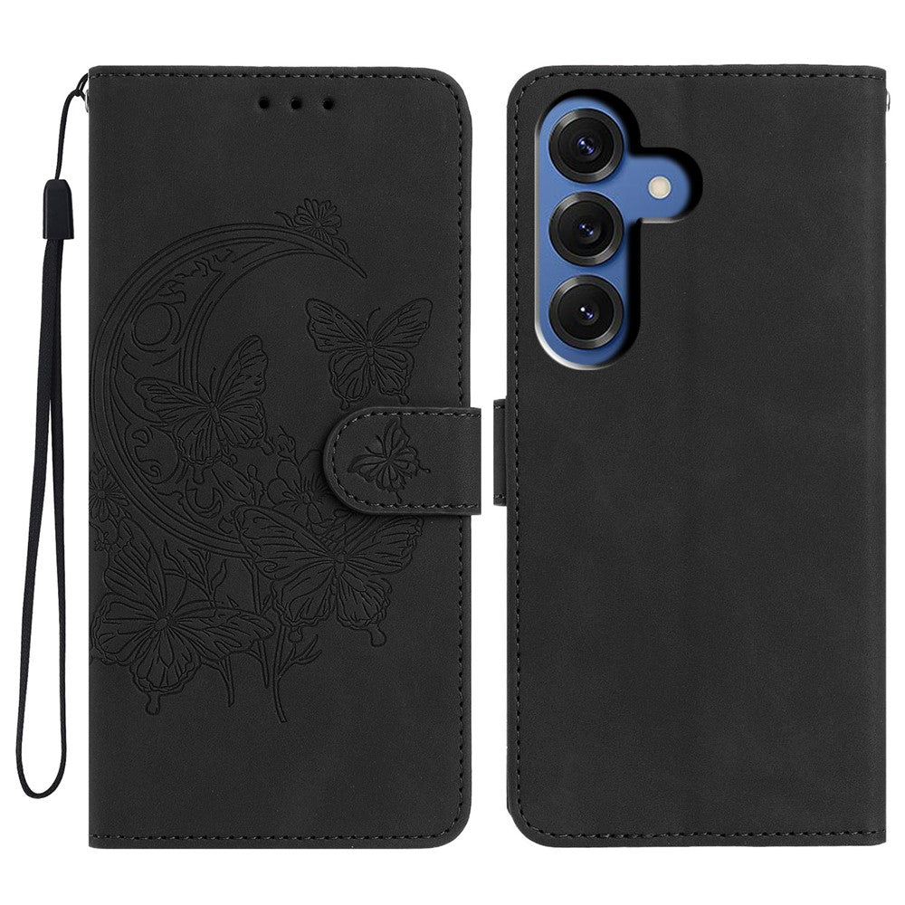 Samsung Galaxy S26+-etui med præget sommerfugleblomstmotiv i PU-læder og pung