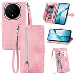 For Honor Magic8 Pro 5G Zipper Wallet Case with Strap Flower Imprint PU Leather Phone Cover