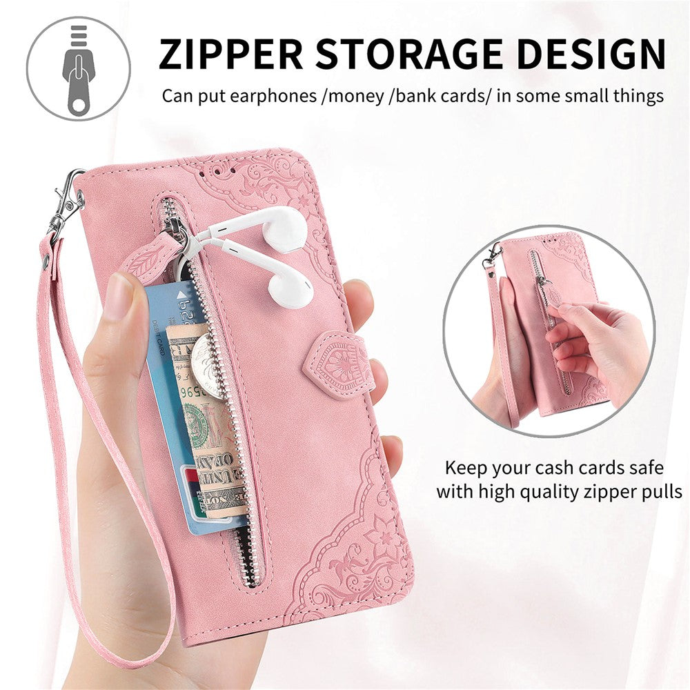 For Honor Magic8 Pro 5G Zipper Wallet Case with Strap Flower Imprint PU Leather Phone Cover