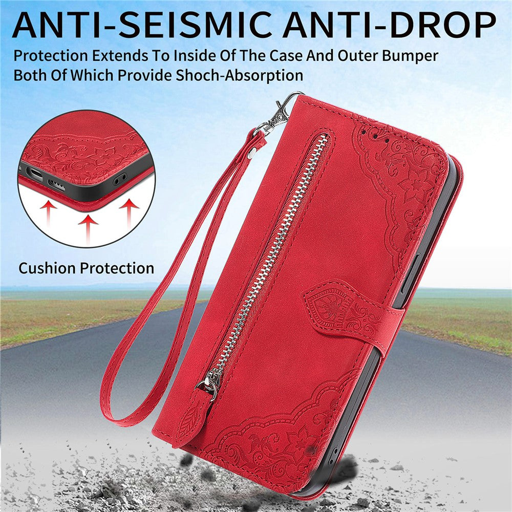 For Honor Magic8 Pro 5G Zipper Wallet Case with Strap Flower Imprint PU Leather Phone Cover