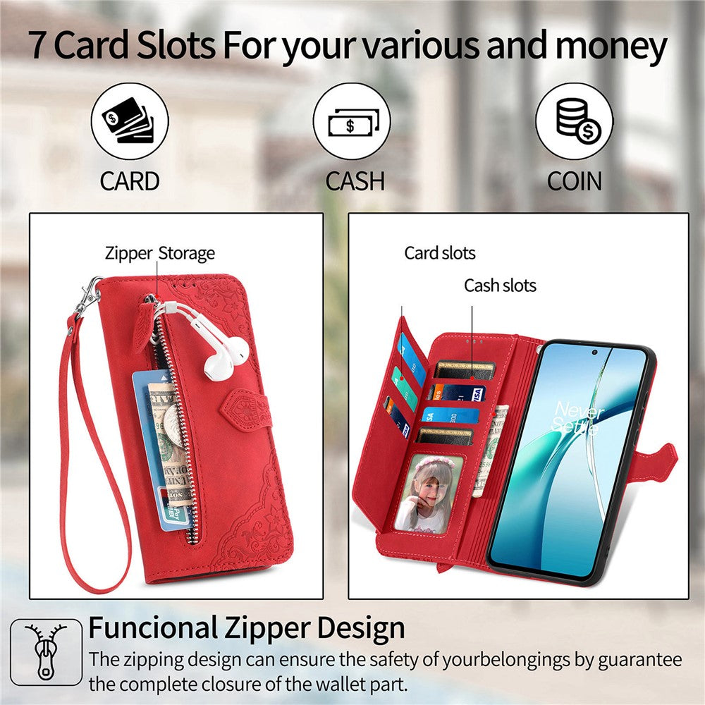 For Honor Magic8 Pro 5G Zipper Wallet Case with Strap Flower Imprint PU Leather Phone Cover