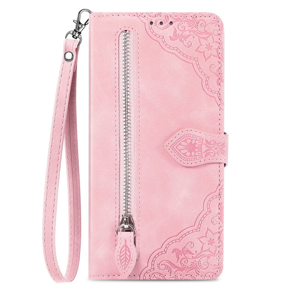 For Honor Magic8 Pro 5G Zipper Wallet Case with Strap Flower Imprint PU Leather Phone Cover
