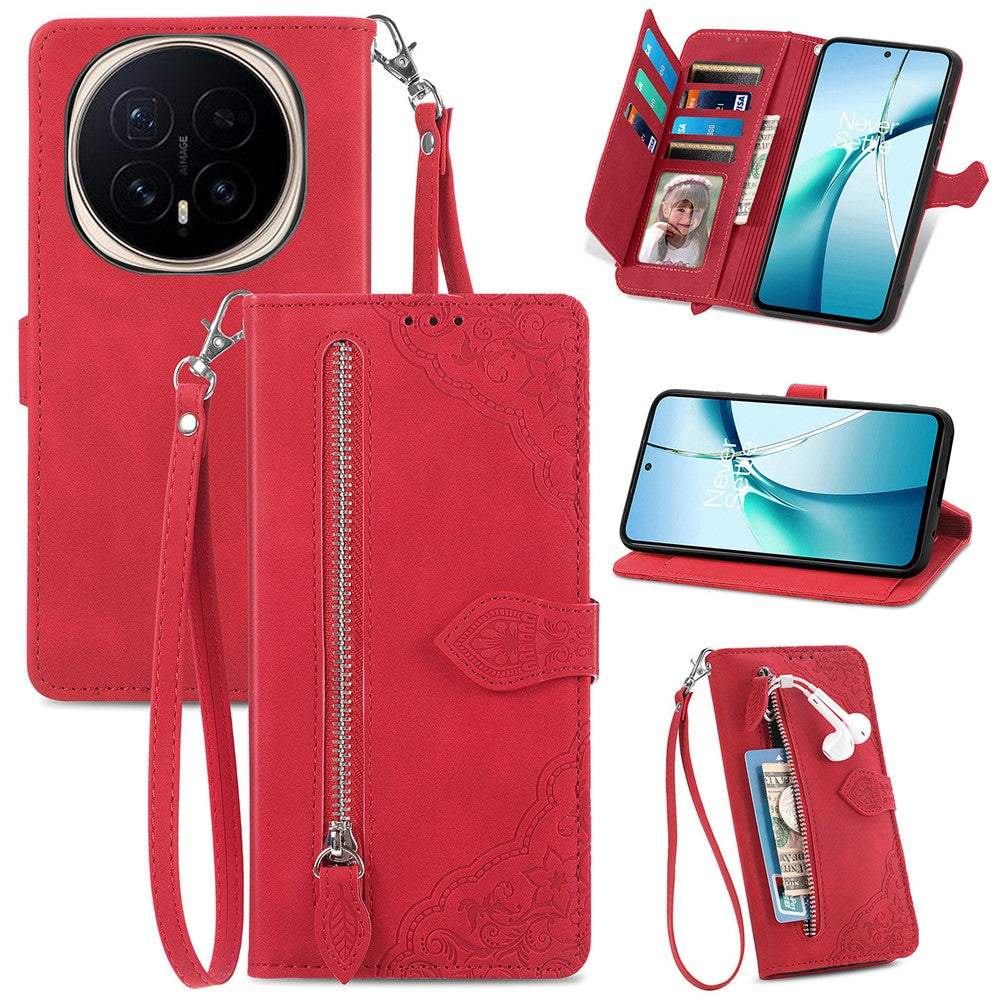 For Honor Magic8 Pro 5G Zipper Wallet Case with Strap Flower Imprint PU Leather Phone Cover