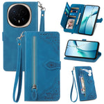 For Honor Magic8 Pro 5G Zipper Wallet Case with Strap Flower Imprint PU Leather Phone Cover