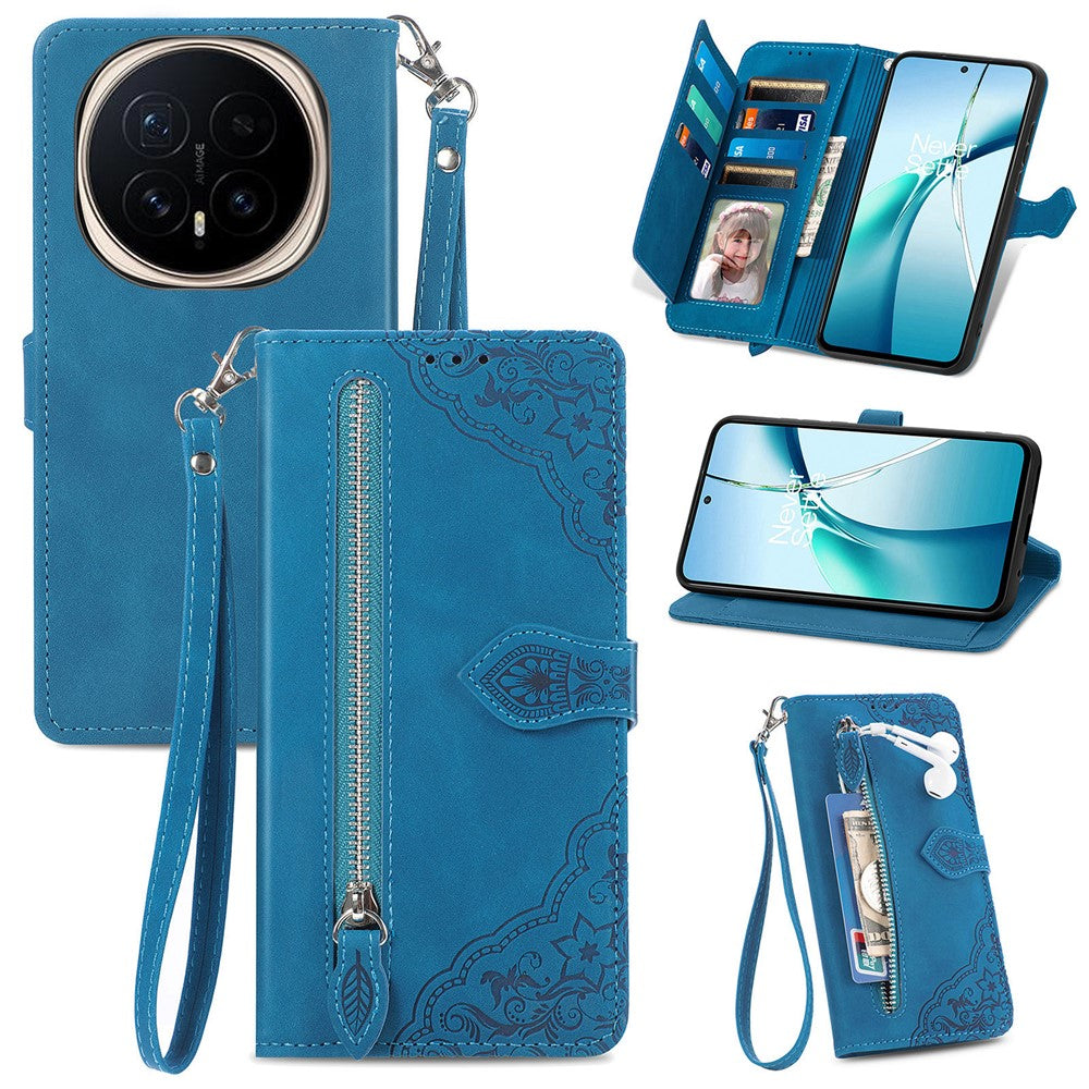 For Honor Magic8 Pro 5G Zipper Wallet Case with Strap Flower Imprint PU Leather Phone Cover