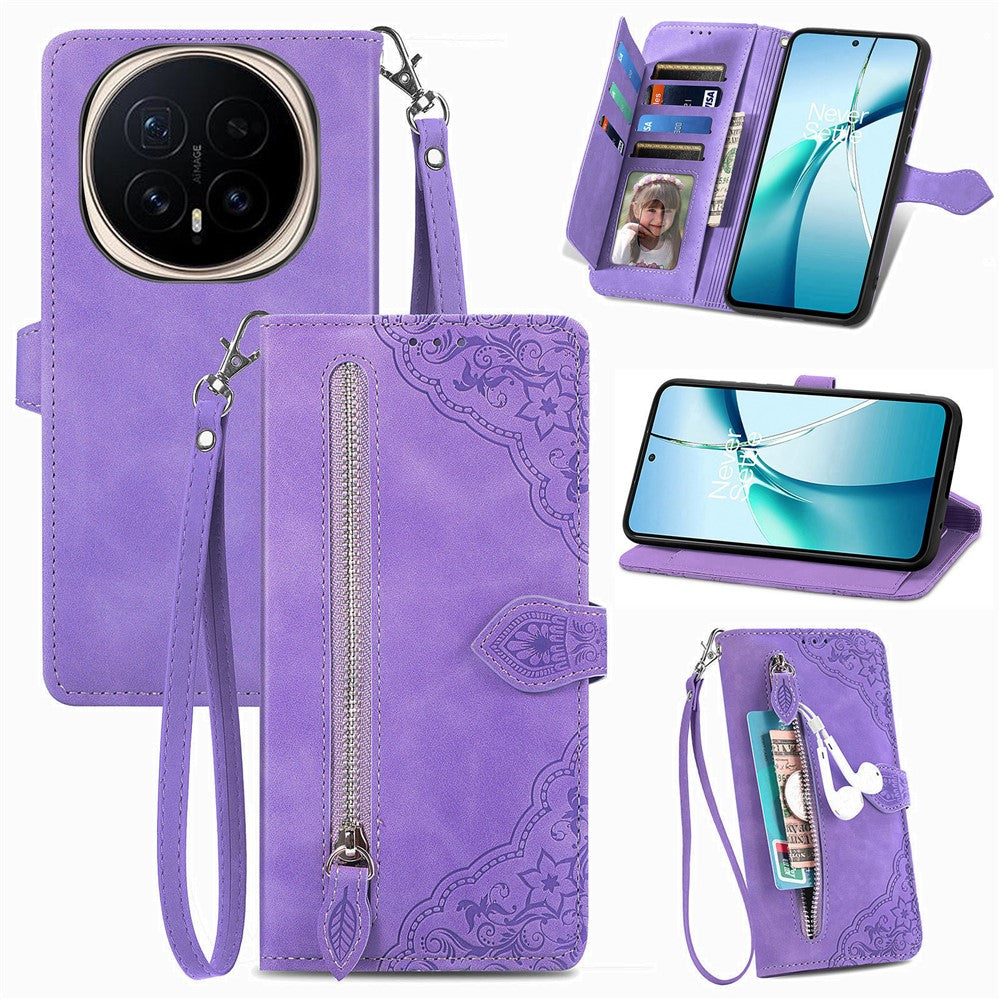 For Honor Magic8 Pro 5G Zipper Wallet Case with Strap Flower Imprint PU Leather Phone Cover