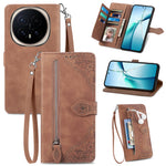 For Honor Magic8 Pro 5G Zipper Wallet Case with Strap Flower Imprint PU Leather Phone Cover
