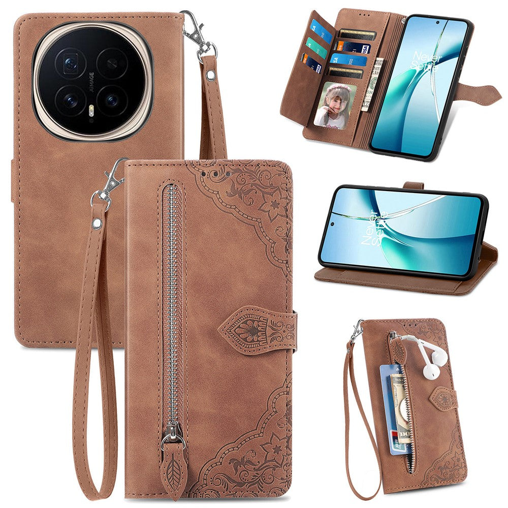 For Honor Magic8 Pro 5G Zipper Wallet Case with Strap Flower Imprint PU Leather Phone Cover