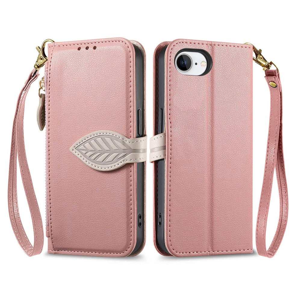 For iPhone 17th / 16th Stand Case Leaf Shape Magnetic Clasp Leather Phone Cover with Hand Strap