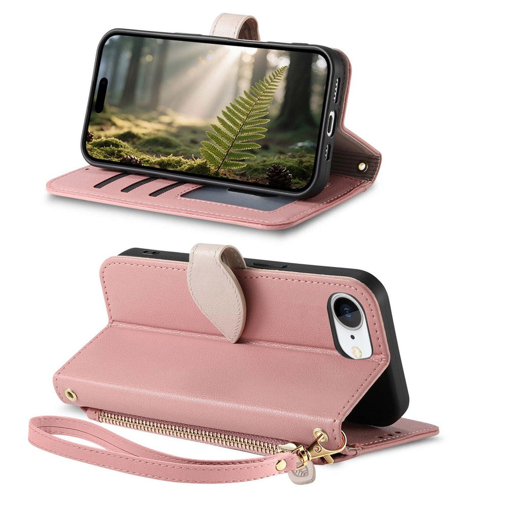 For iPhone 17th / 16th Stand Case Leaf Shape Magnetic Clasp Leather Phone Cover with Hand Strap