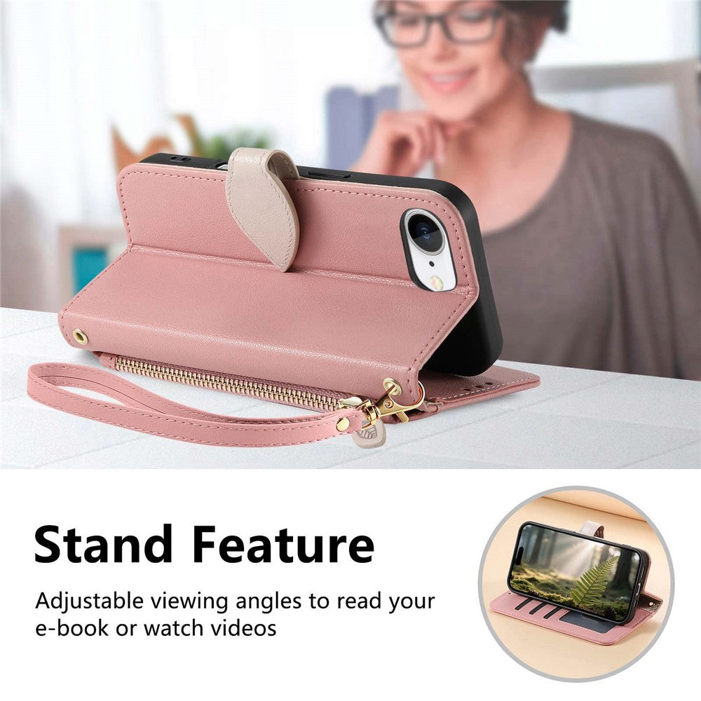 For iPhone 17th / 16th Stand Case Leaf Shape Magnetic Clasp Leather Phone Cover with Hand Strap
