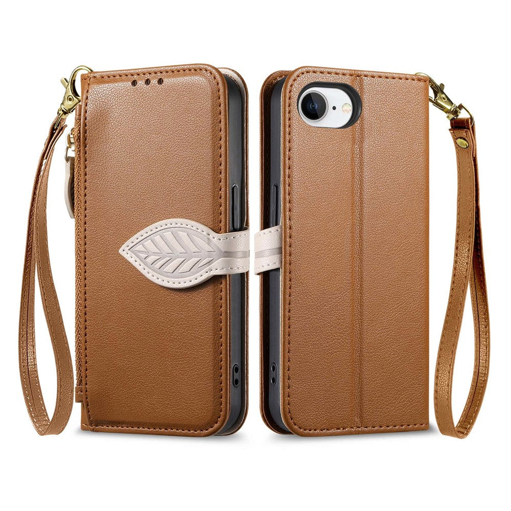 For iPhone 17th / 16th Stand Case Leaf Shape Magnetic Clasp Leather Phone Cover with Hand Strap