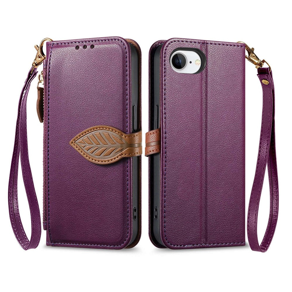 For iPhone 17th / 16th Stand Case Leaf Shape Magnetic Clasp Leather Phone Cover with Hand Strap