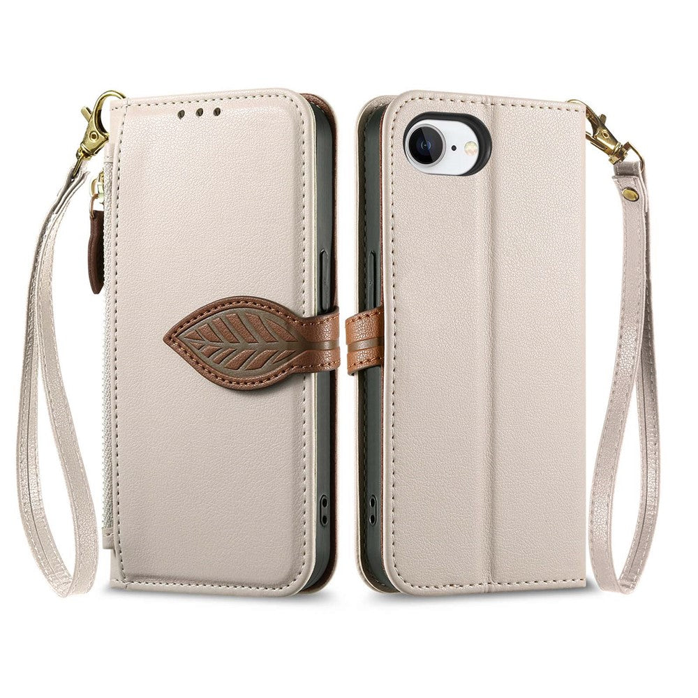 For iPhone 17th / 16th Stand Case Leaf Shape Magnetic Clasp Leather Phone Cover with Hand Strap