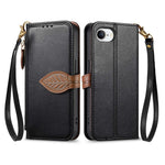 For iPhone 17th / 16th Stand Case Leaf Shape Magnetic Clasp Leather Phone Cover with Hand Strap