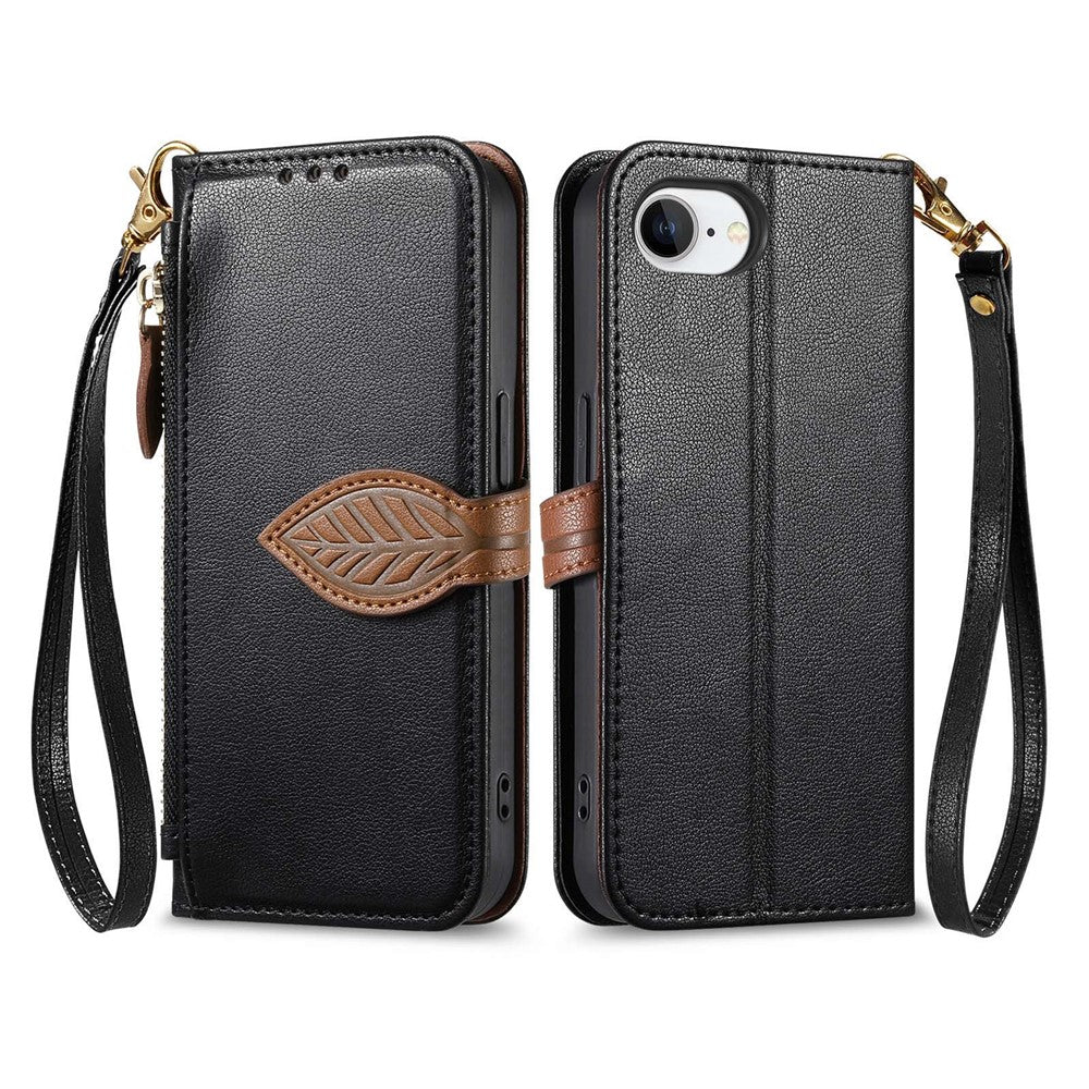 For iPhone 17th / 16th Stand Case Leaf Shape Magnetic Clasp Leather Phone Cover with Hand Strap