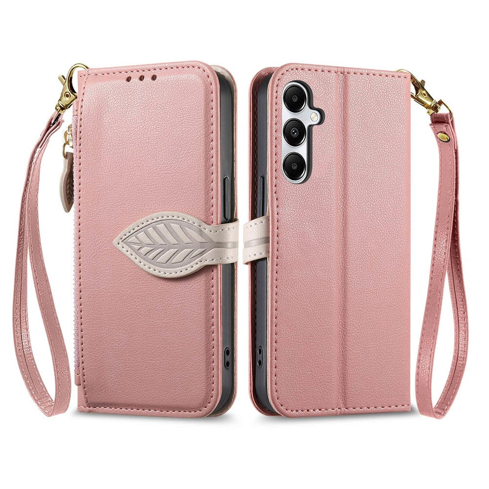 Stand Case for Samsung Galaxy A56 5G  /  Galaxy M56 5G Leaf Shape Magnetic Clasp Leather Phone Cover with Hand Strap