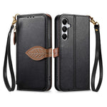 Stand Case for Samsung Galaxy A56 5G  /  Galaxy M56 5G Leaf Shape Magnetic Clasp Leather Phone Cover with Hand Strap
