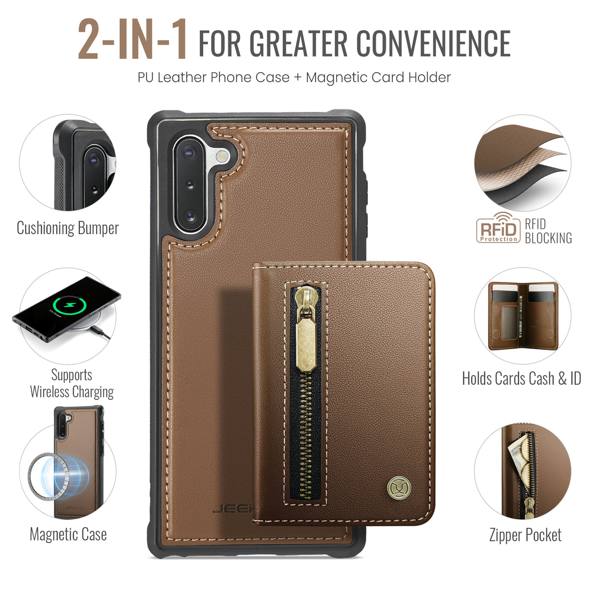 JEEHOOD Til Samsung Galaxy Note 10 4G Cover J12 Magnetisk Aftagelig Lynlås Pung Kickstand Læder Bagcover Magnetisk Cover