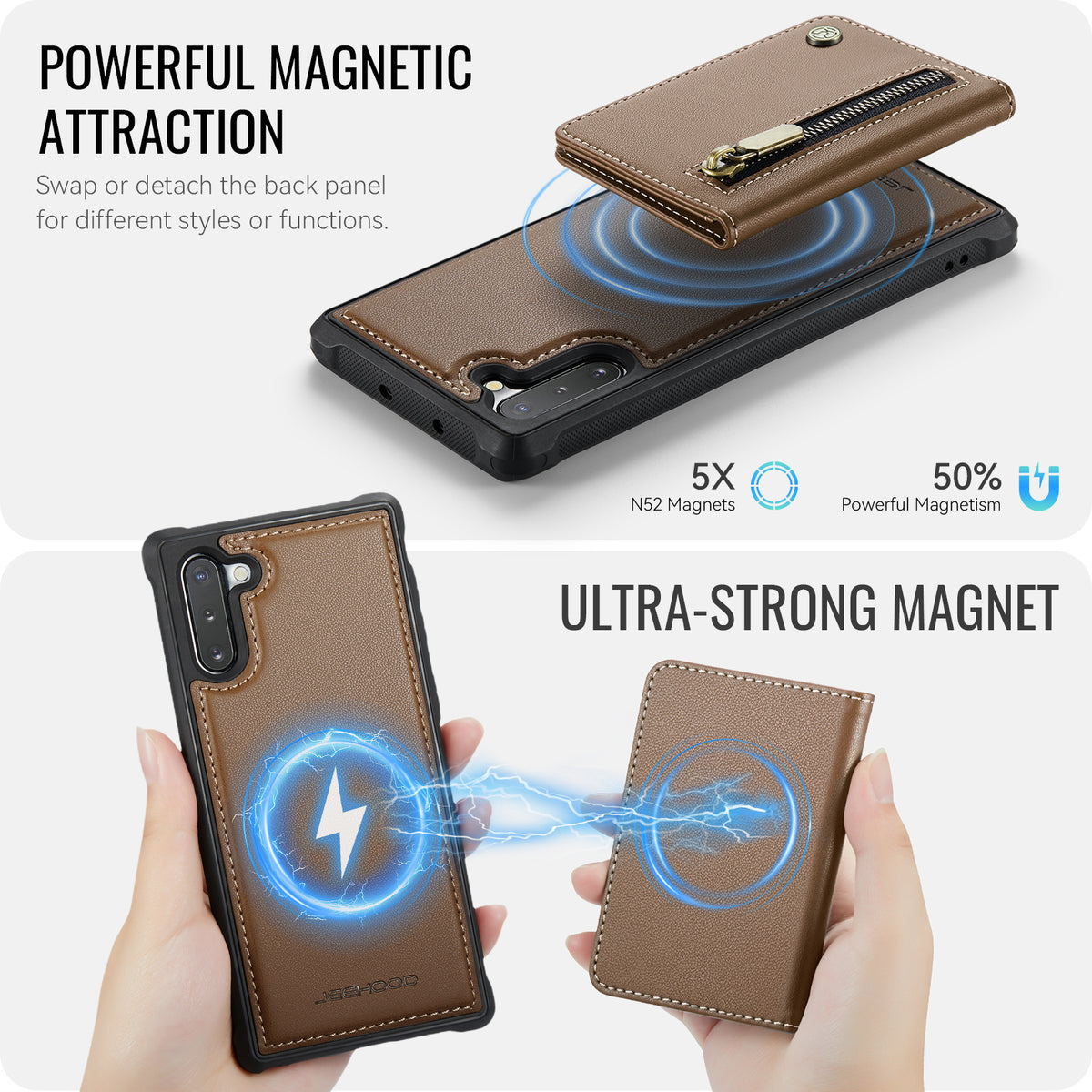 JEEHOOD Til Samsung Galaxy Note 10 4G Cover J12 Magnetisk Aftagelig Lynlås Pung Kickstand Læder Bagcover Magnetisk Cover