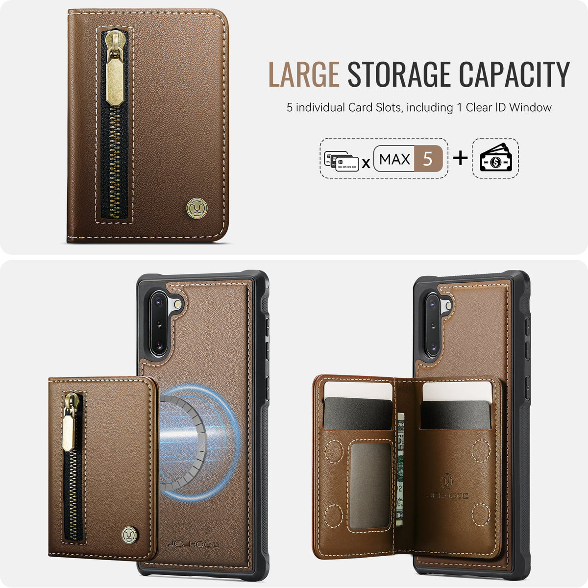 JEEHOOD Til Samsung Galaxy Note 10 4G Cover J12 Magnetisk Aftagelig Lynlås Pung Kickstand Læder Bagcover Magnetisk Cover